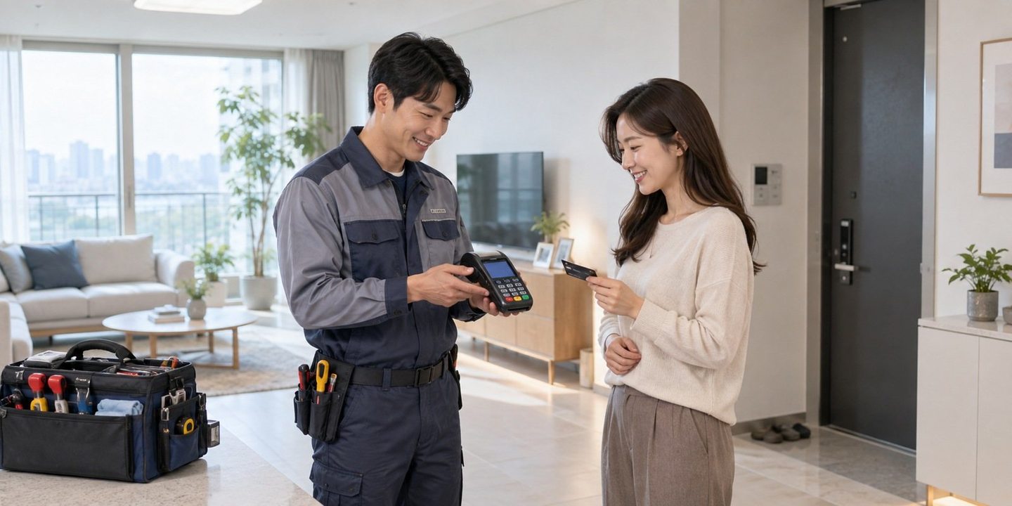 매장 안에서 휴대용 결제 기기를 살펴보는 사람들 — 오래 쓴 기기, 선은 놔두고 본체만 새로 놓습니다