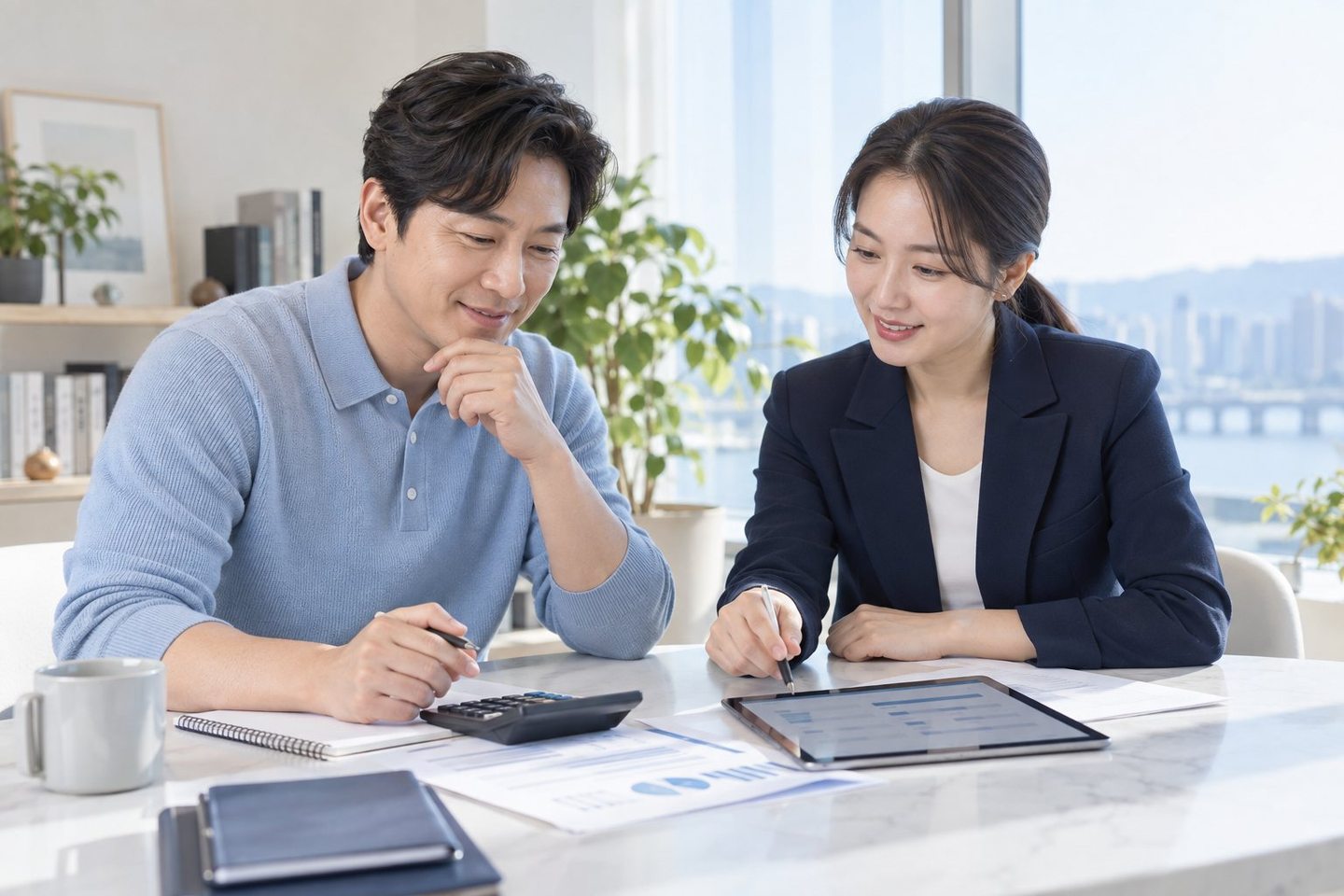 테이블에서 계약 내용을 확인하는 두 사람 — 유선카드단말기 신청 교체교체, 어디서부터 손댈지 막막하시죠? 연락 주시면 바꾸는 날의 차례를 짜 드립니다.