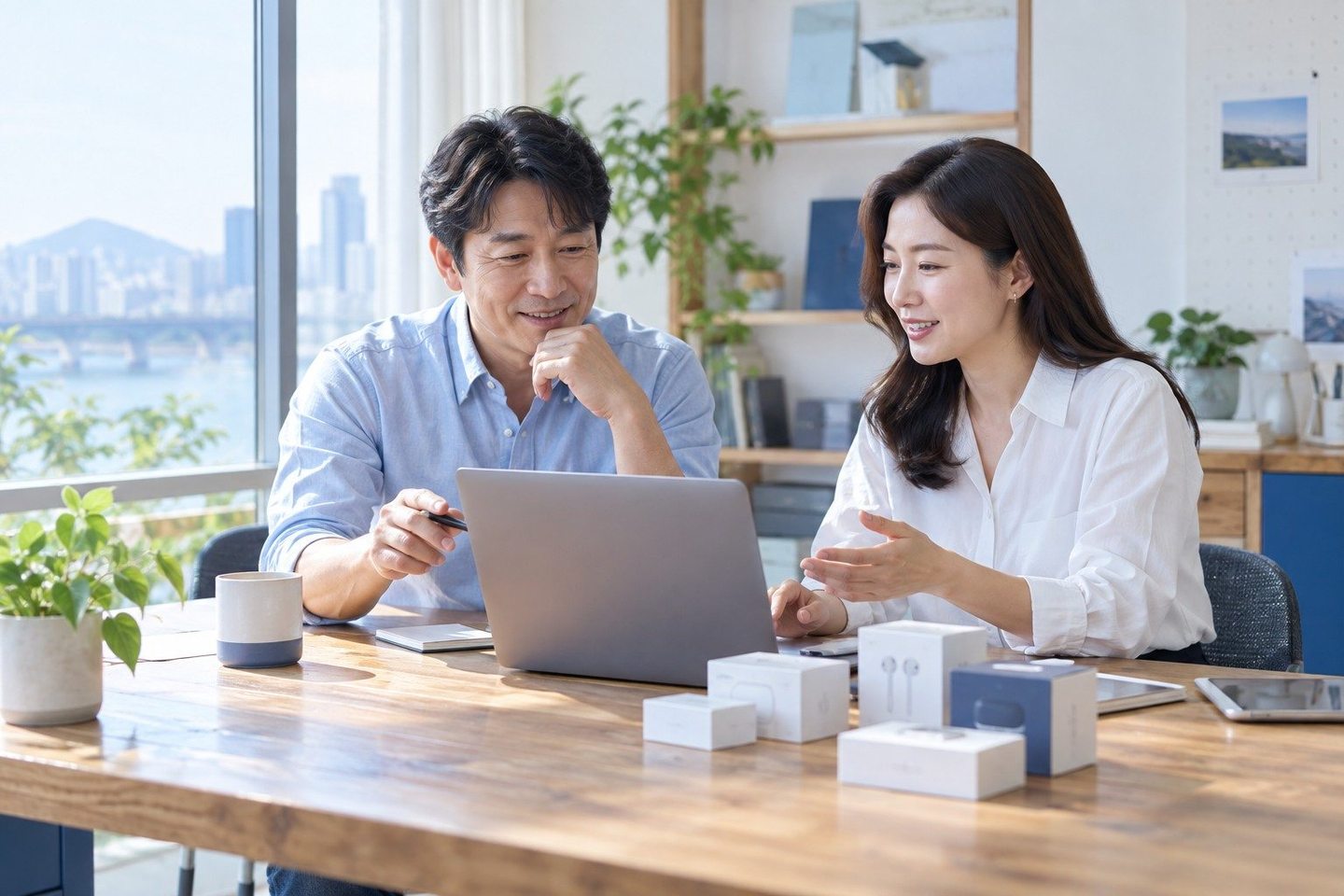 나란히 앉아 서류의 항목을 확인하는 두 사람 — 유선카드단말기 신청 시기시기, 아직 더 써도 될까 고민되시죠? 연락 주시면 증상을 듣고 같이 가늠해 드립니다.